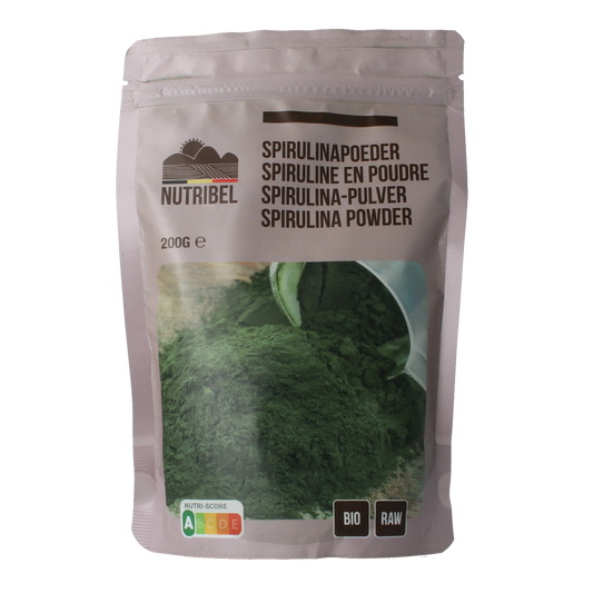 Nutribel organic spirulina powder in a 200g package, raw blue-green superfood supplement with vibrant green color.