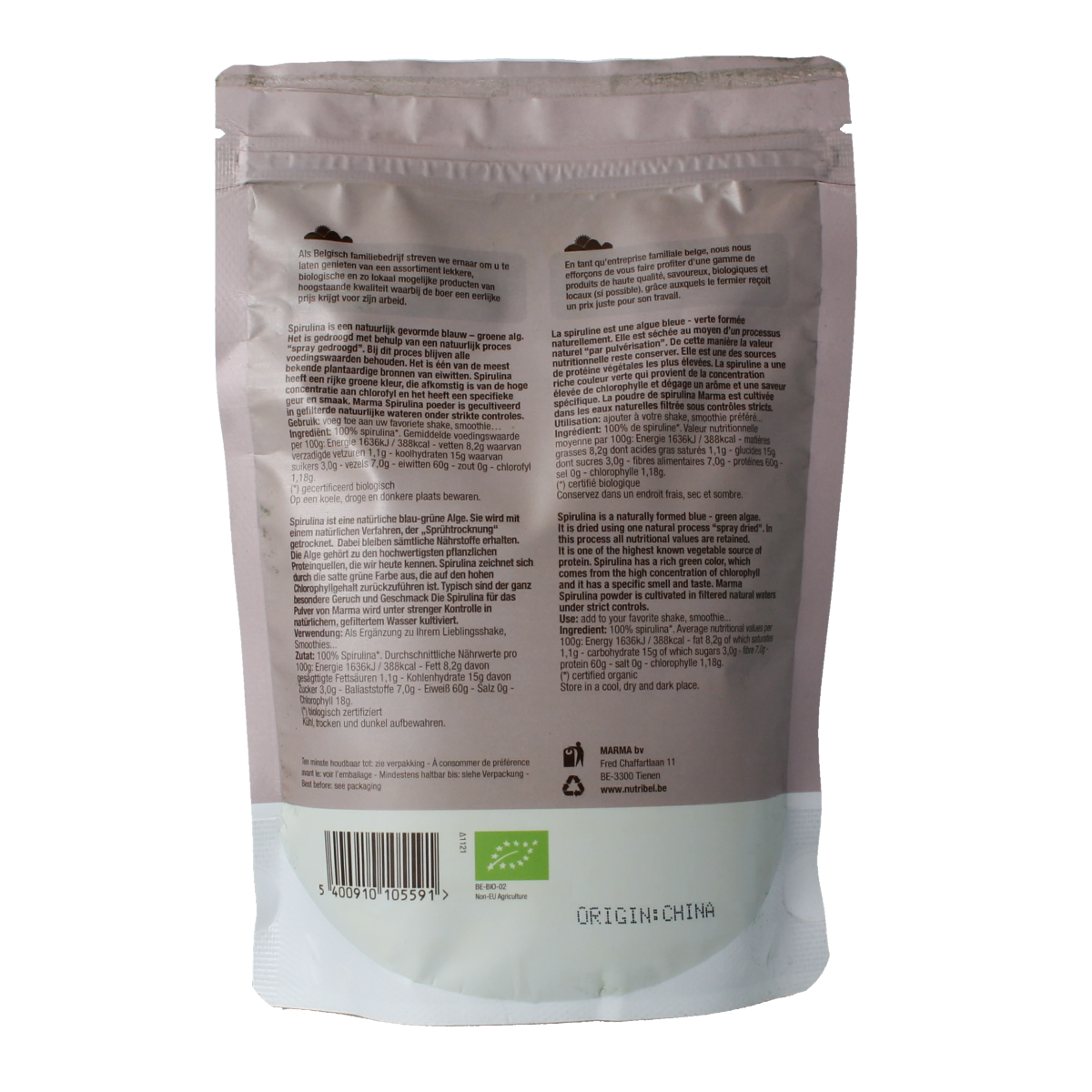 Nutribel Organic Spirulina powder in 200g jar, raw and natural dietary supplement with vibrant green spirulina flakes.