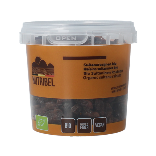 Organic Nutribel Sultana Raisins in a 200g package, showcasing dried, plump, natural sultana grapes for healthy snacking.