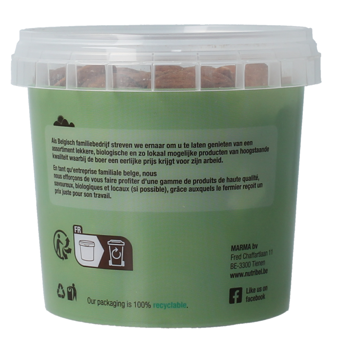 Raw organic almonds from Nutribel, 200 grams, displayed in a natural, healthy food setting.