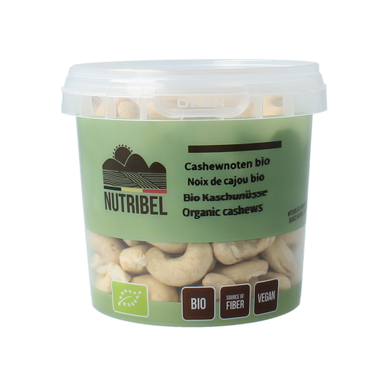 Organic Nutribel cashews snack in a 200g pack, showing whole, roasted cashews in natural light.