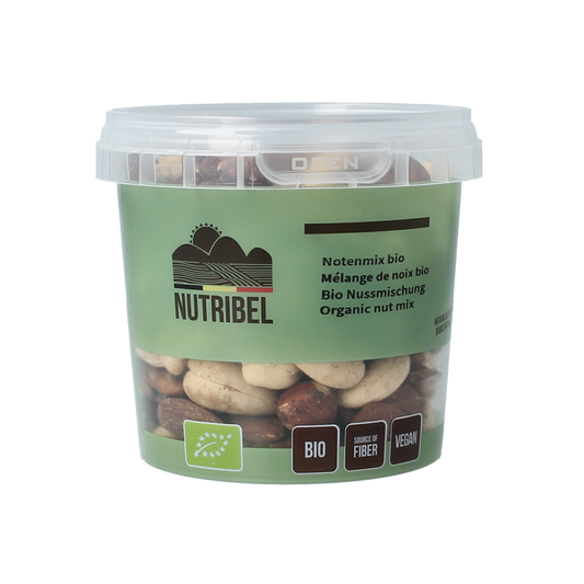 Raw superfoods Nutribel Notenmix bio, 190g, featuring a variety of organic mixed nuts and seeds in a clear package.