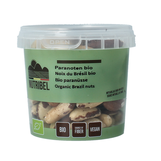 Nutribel Paranoten bio raw superfoods in 200g package, close-up of the organic nut product with branding and product details.