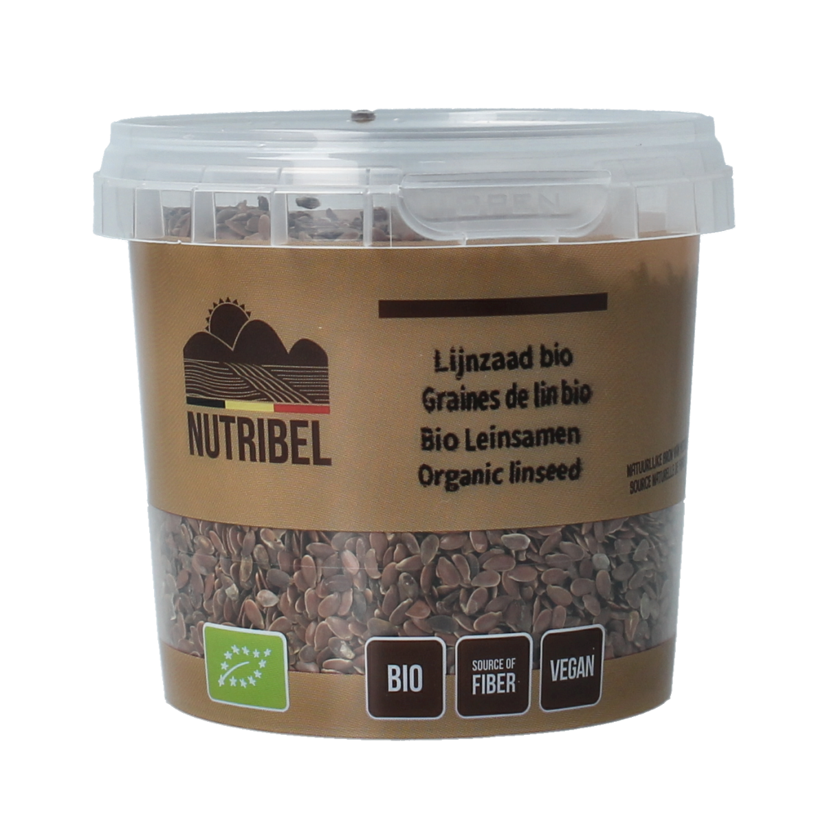 Raw organic flaxseed from Nutribel, 200 grams, shown in a clear image highlighting the whole, natural flax seeds.