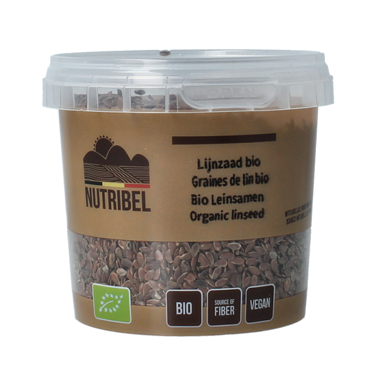 Raw organic flaxseed from Nutribel, 200 grams, shown in a clear image highlighting the whole, natural flax seeds.