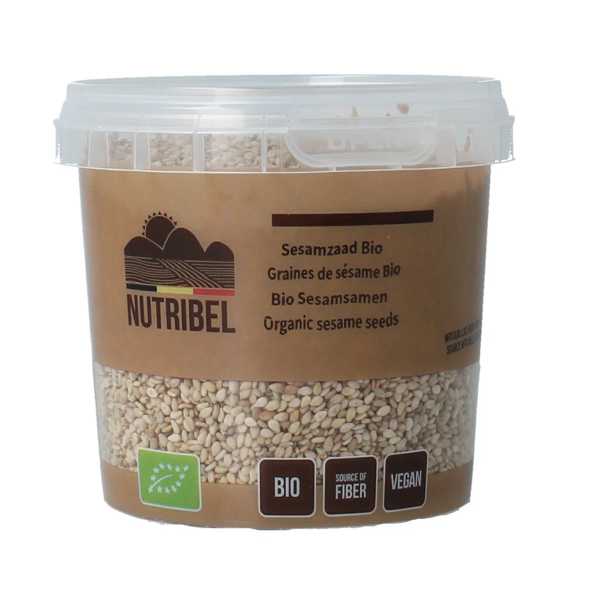 Organic Nutribel sesame seeds in a 200g package, raw superfood display showing light tan sesame seeds.