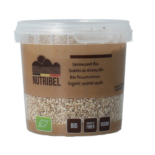 Organic Nutribel sesame seeds in a 200g package, raw superfood display showing light tan sesame seeds.