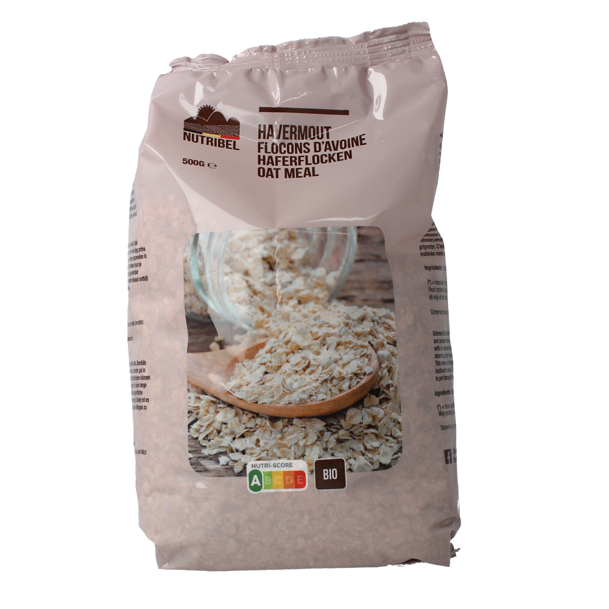 Organic Nutribel oat breakfast cereal in a 500g package, showing the Nutribel Havermout bio product.