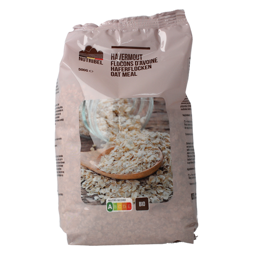Organic Nutribel oat breakfast cereal in a 500g package, showing the Nutribel Havermout bio product.