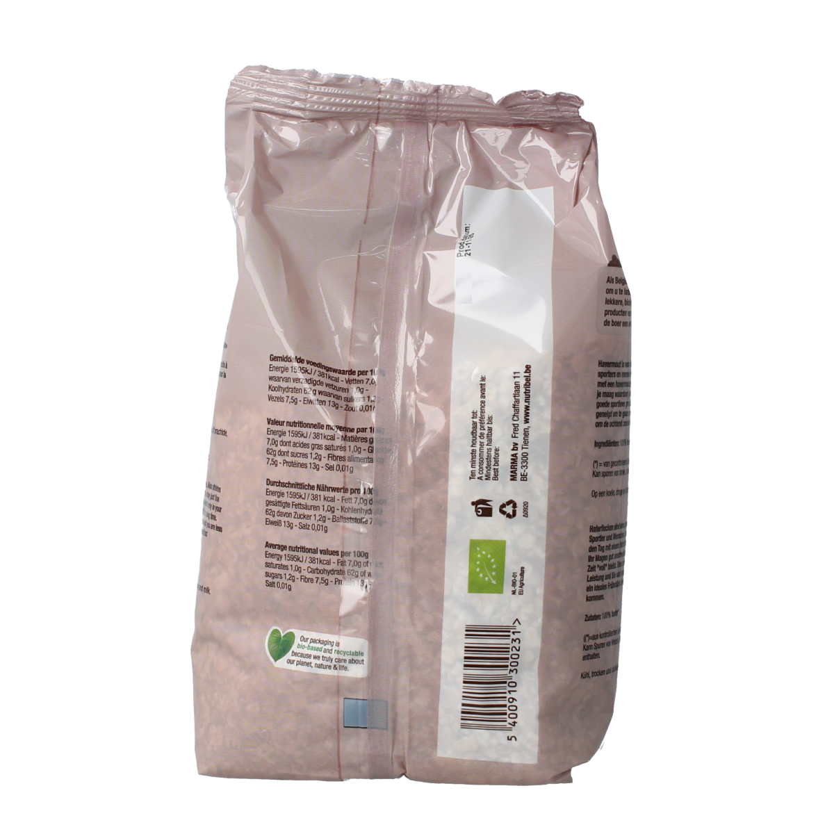 Nutribel organic oats breakfast cereal in a 500g package, showing the Nutribel brand label and oat grains.