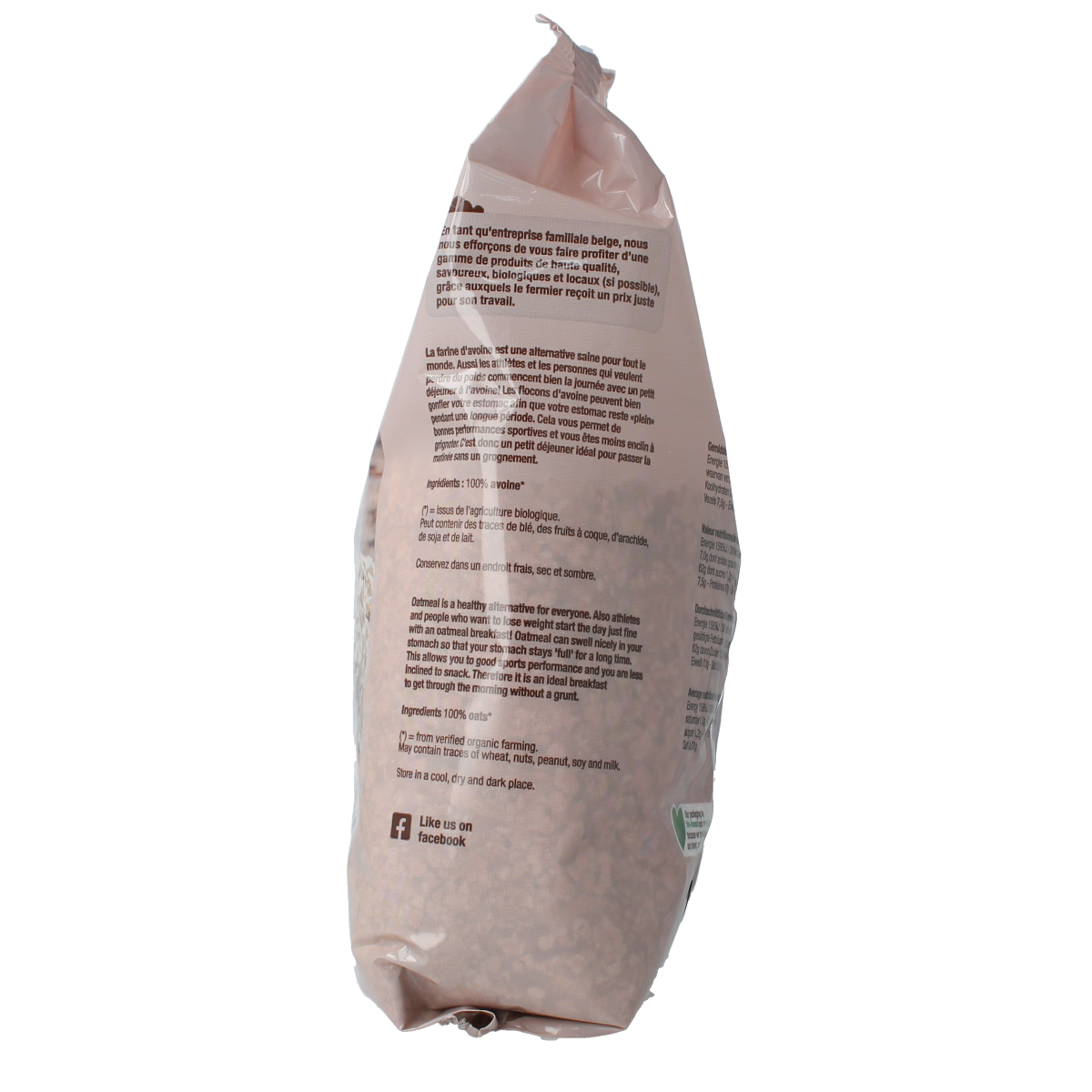 Organic Nutribel oatmeal breakfast cereal in a 500g package, showing the Nutribel Havermout bio product.