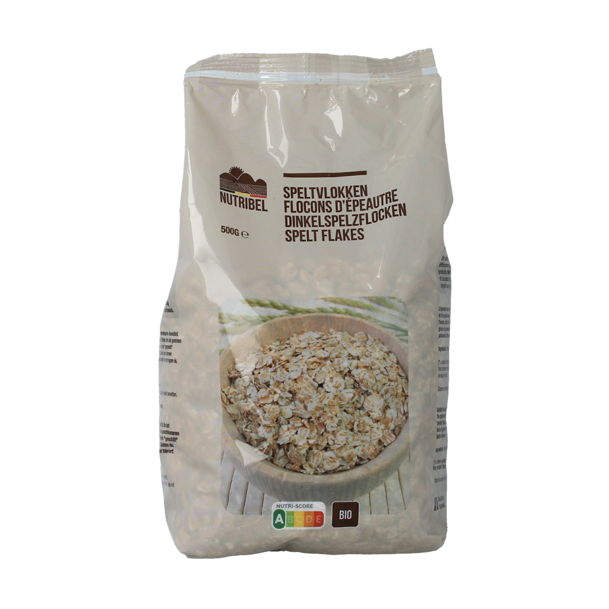 Organic Nutribel Speltvlokken breakfast cereal in a 500g package, showing golden spelt flakes in a clear bowl.
