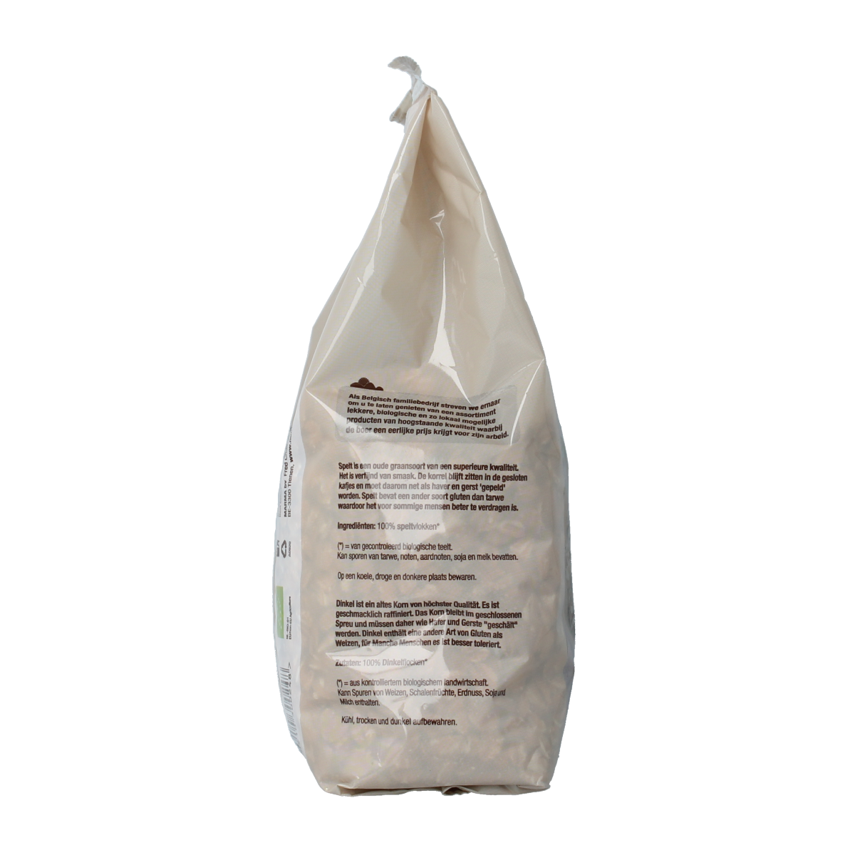 Nutribel organic spelt flakes in a 500g package, showing a close-up of the breakfast cereal with spelt grains.