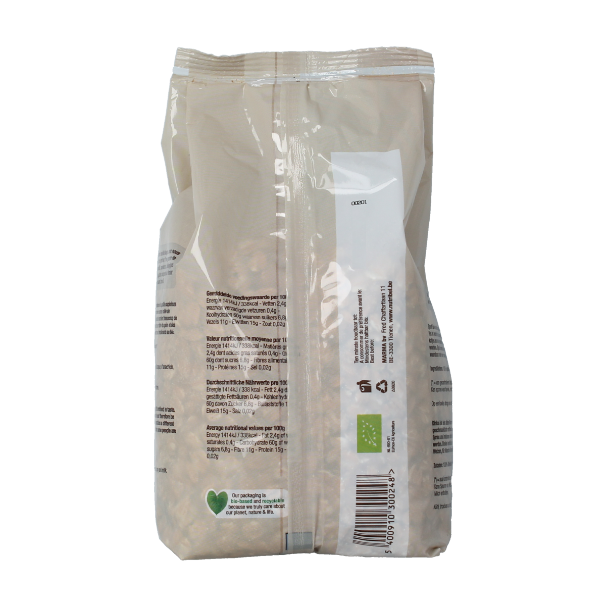 Nutribel organic spelt flakes in a bowl, close-up of Nutribel bio breakfast cereal, 500g package, healthy whole grain oats