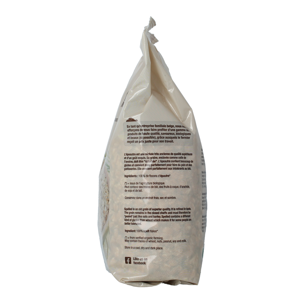 Nutribel bio spelt flakes in a bowl, organic breakfast grains with spelt, natural whole grain cereal for healthy breakfast.