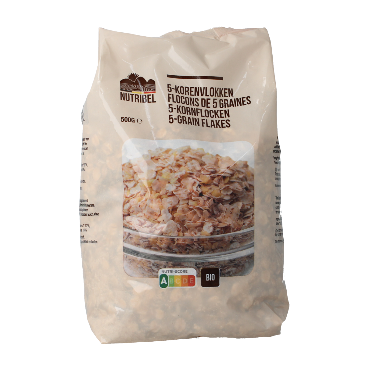 Nutribel 5-korenvlokken bio ontbijtgranen in 500g package, showing golden toasted oat flakes in a clear bowl