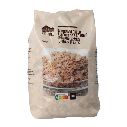 Nutribel 5-korenvlokken bio ontbijtgranen in 500g package, showing golden toasted oat flakes in a clear bowl