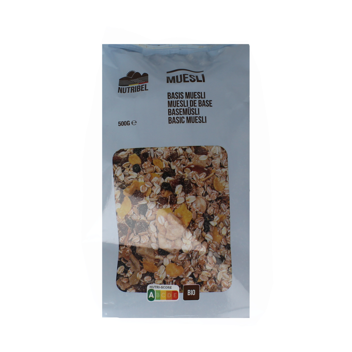 Nutribel Muesli basis bio 500g, organic breakfast cereal in a clear bowl with dried fruits and grains.