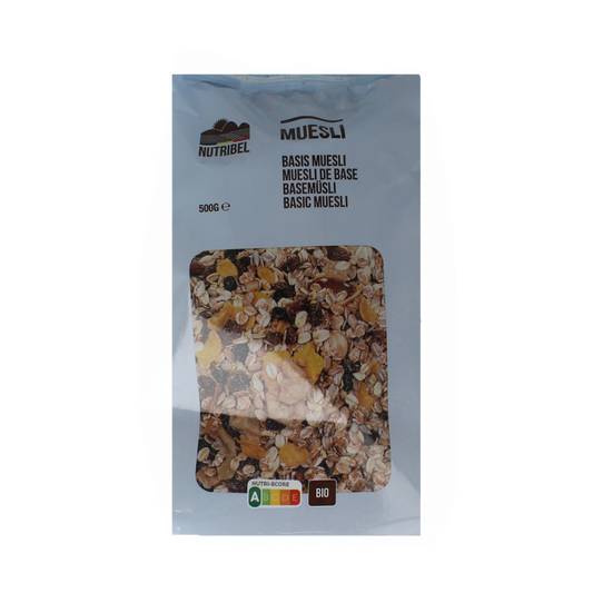 Nutribel Muesli basis bio 500g, organic breakfast cereal in a clear bowl with dried fruits and grains.