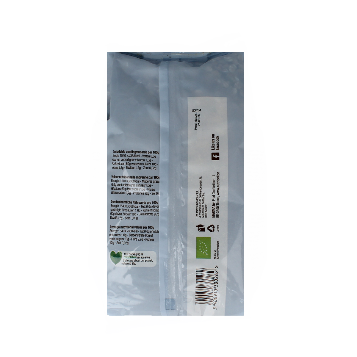 Nutribel organic muesli basis for breakfast, 500g package, featuring oats, grains, and dried fruits in a resealable bag.