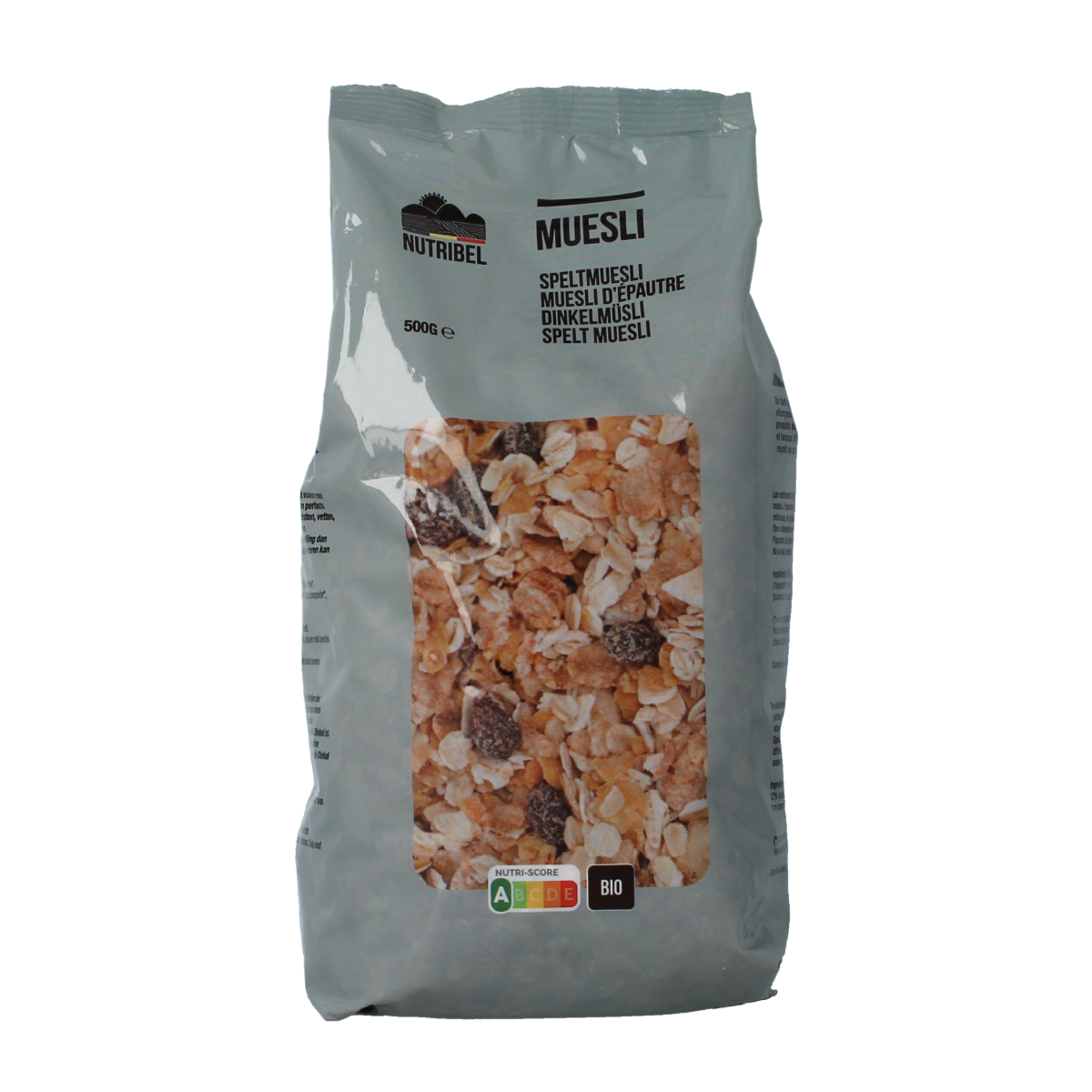Nutribel bio spelt muesli in a 500g package, with visible spelt grains and mixed dried fruits for breakfast.