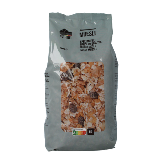 Nutribel bio spelt muesli in a 500g package, with visible spelt grains and mixed dried fruits for breakfast.