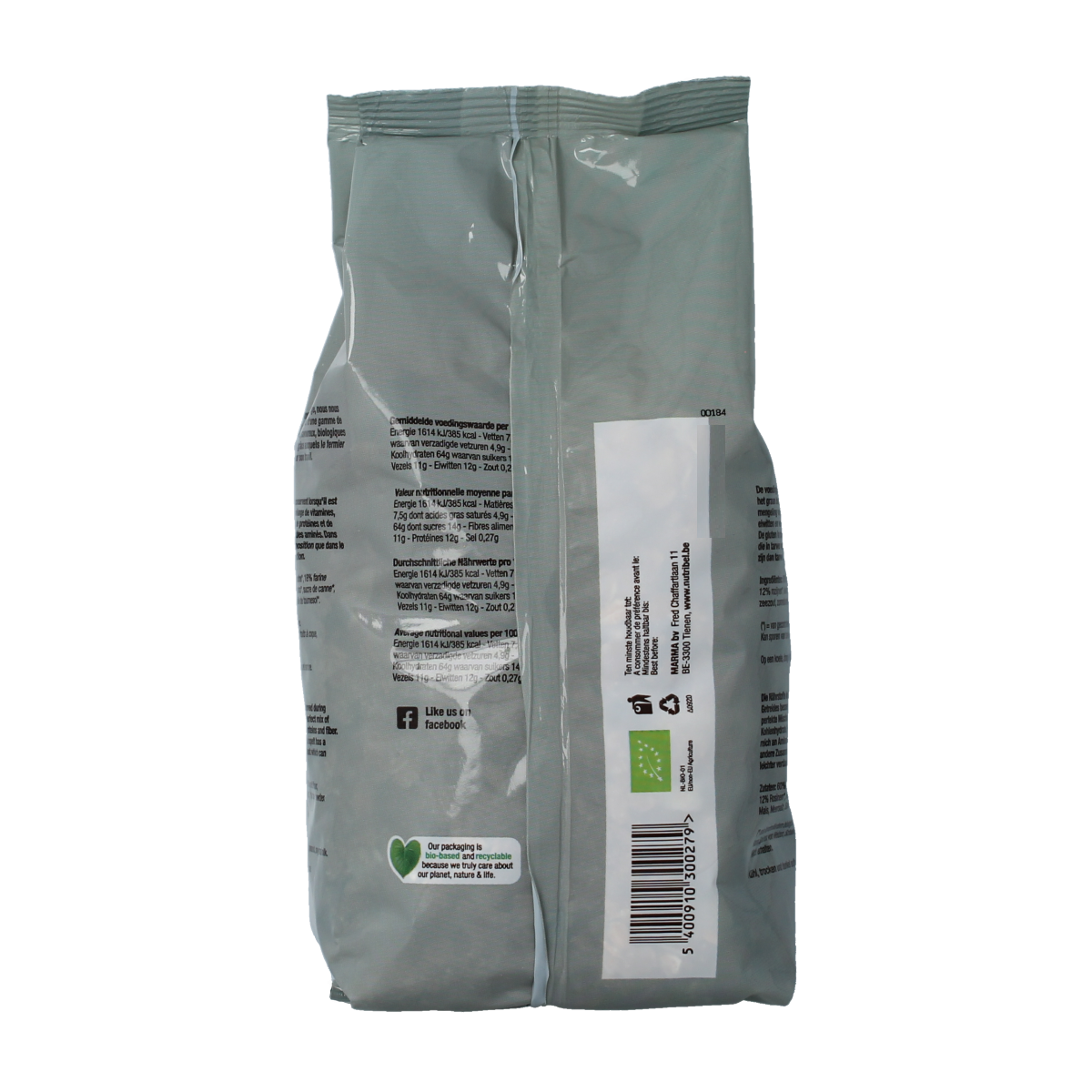 Organic Nutribel Speltmuesli breakfast cereal in a 500g package, with visible spelt grains and mixed dried fruits.