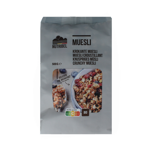 Nutribel bio muesli krokant superfood breakfast cereal in a 500g package, featuring crunchy grains and superfood ingredients.