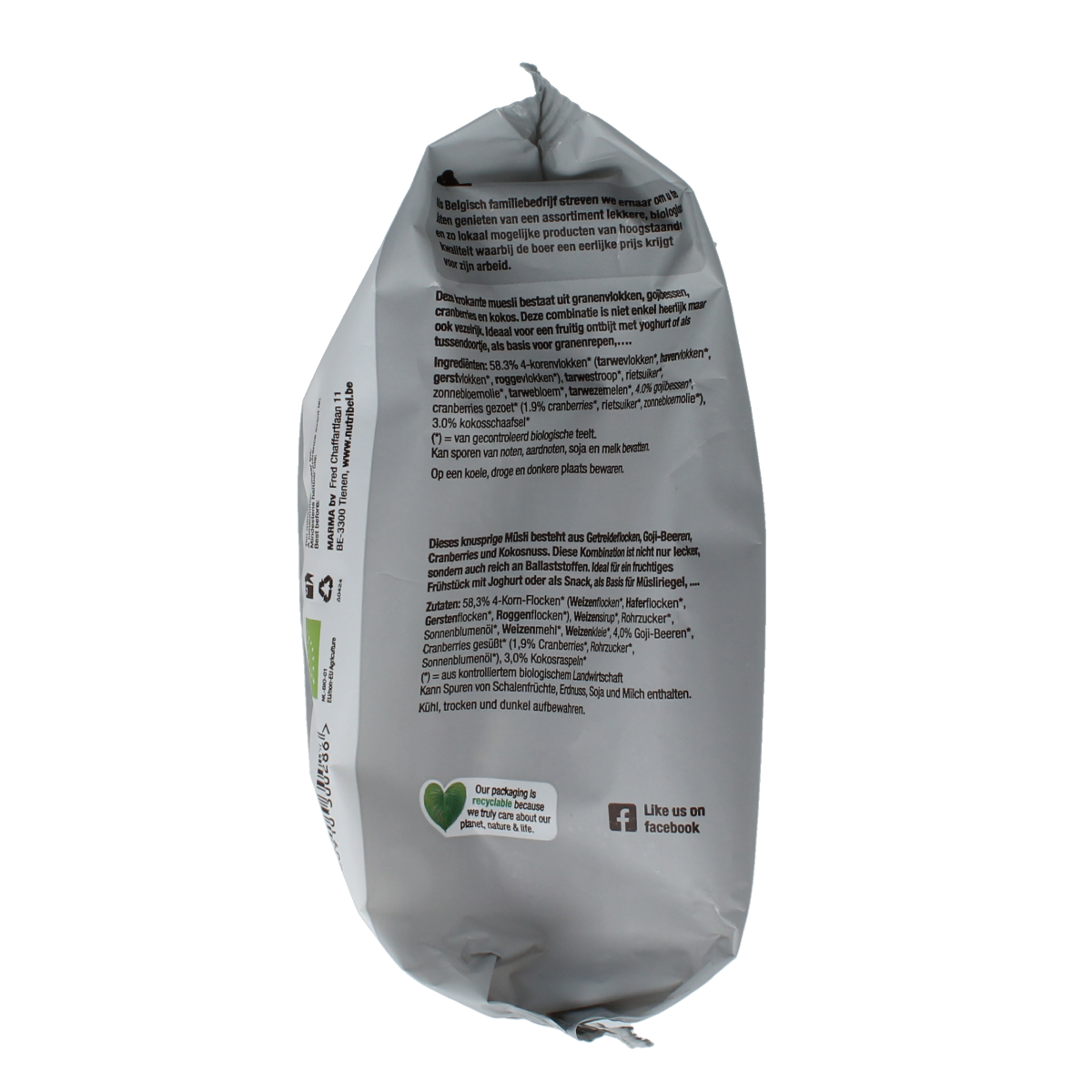 Nutribel Muesli krokant superfood bio breakfast cereal in a 500g bag with crunchy, organic grains and superfood ingredients.