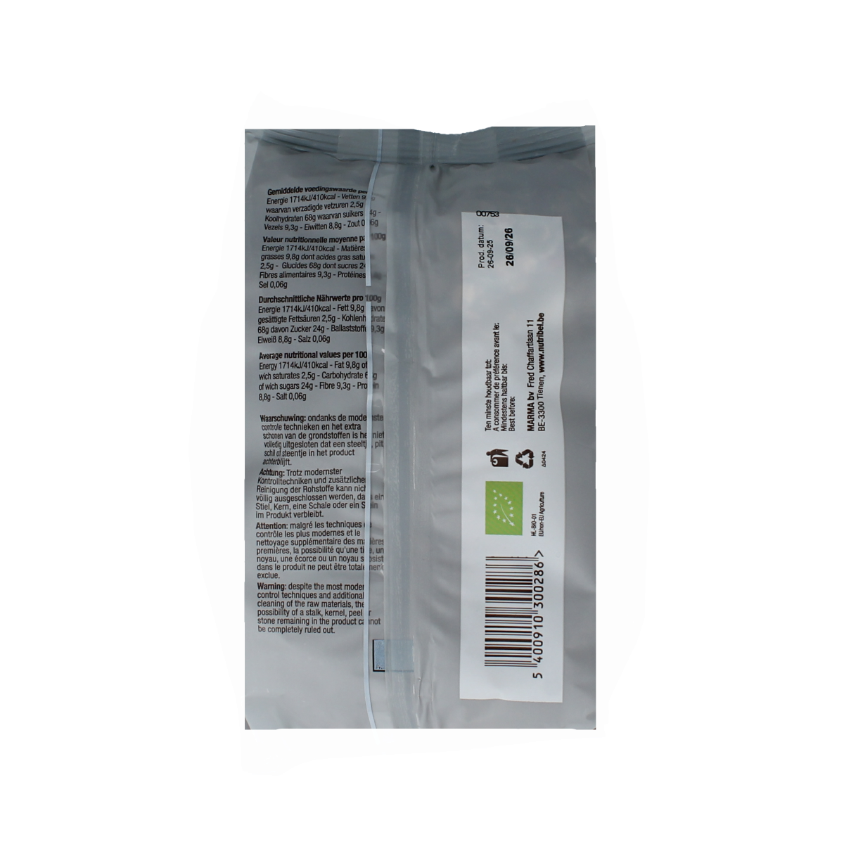 Nutribel bio muesli krokant superfood breakfast cereal in a 500g package with crunchy oats and superfood ingredients.