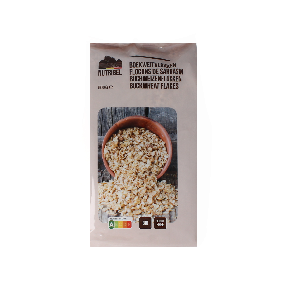 Nutribel glutenvrije boekweitvlokken ontbijtgranen in 500g verpakking, shown in a clear image with textured flake details.