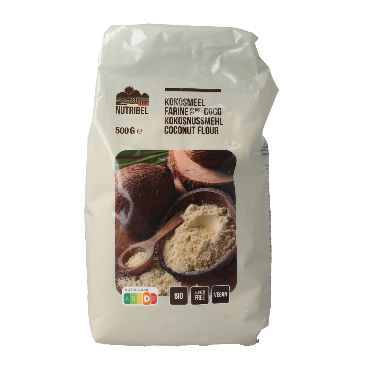 Nutribel gluten-free organic coconut flour in a 500g package, ideal for baking and gluten-free recipes.