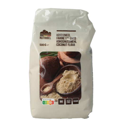 Nutribel gluten-free organic coconut flour in a 500g package, ideal for baking and gluten-free recipes.