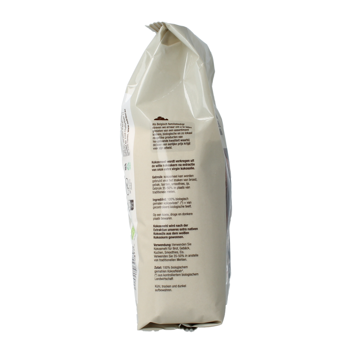 Nutribel gluten-free organic coconut flour in a 500g package, shown in a clear image of the baking mix and flour bag.