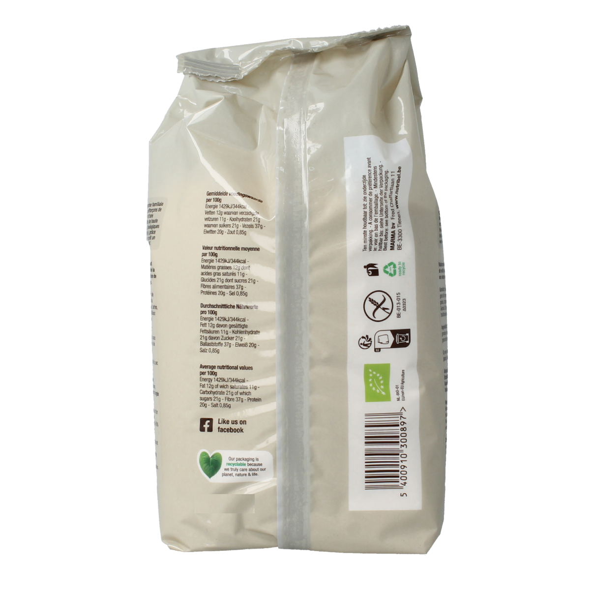 Gluten-free organic coconut flour from Nutribel, 500 grams, shown in a clear package with coconut flakes and baking ingredients.