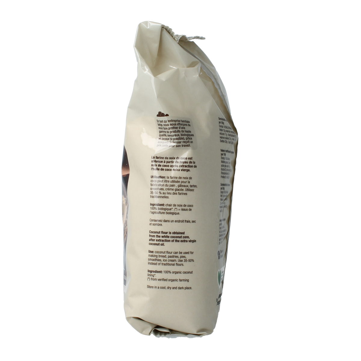 Nutribel gluten-free organic coconut flour in a 500g package, suitable for baking and gluten-free recipes.