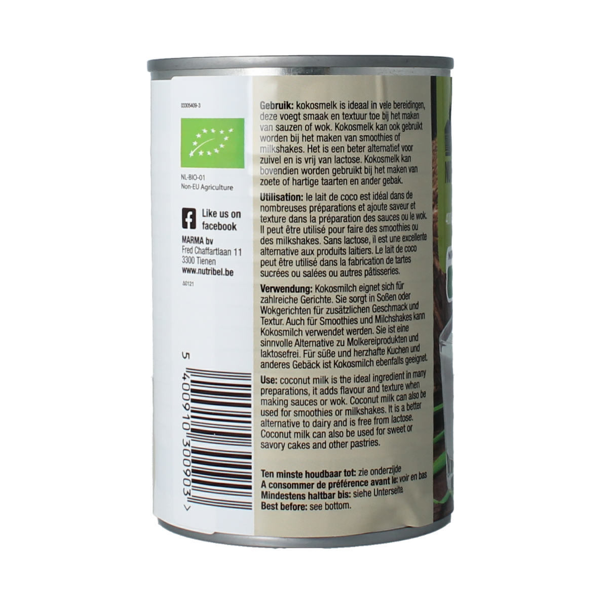 Nutribel glutenvrije biologische kokosmelk in 400 ml container, ideal voor sauzen en smaakmakers in de keuken.