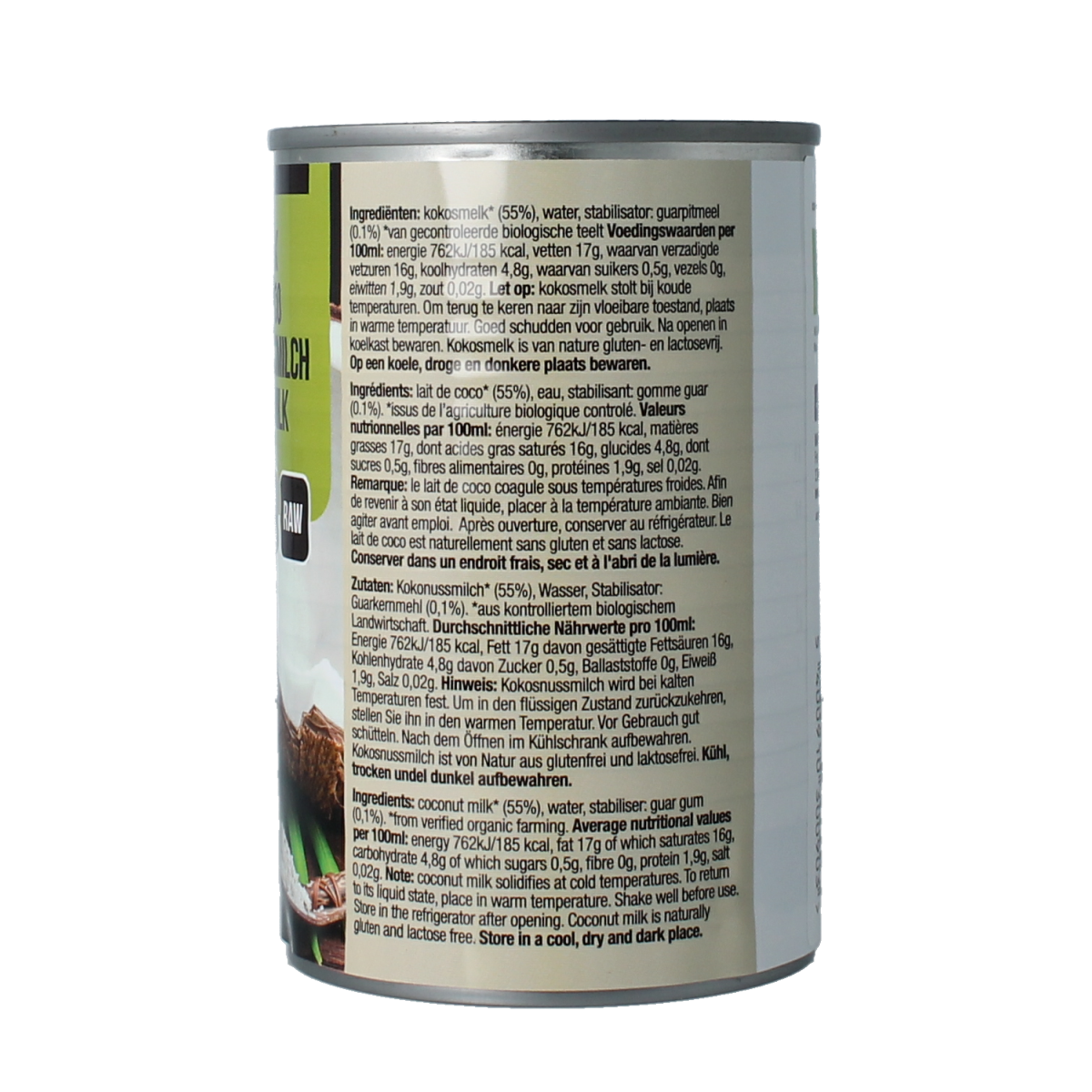 Nutribel glutenvrije biologische kokosmelk in 400ml verpakking, ideaal voor sauzen en smaakmakers in de keuken.