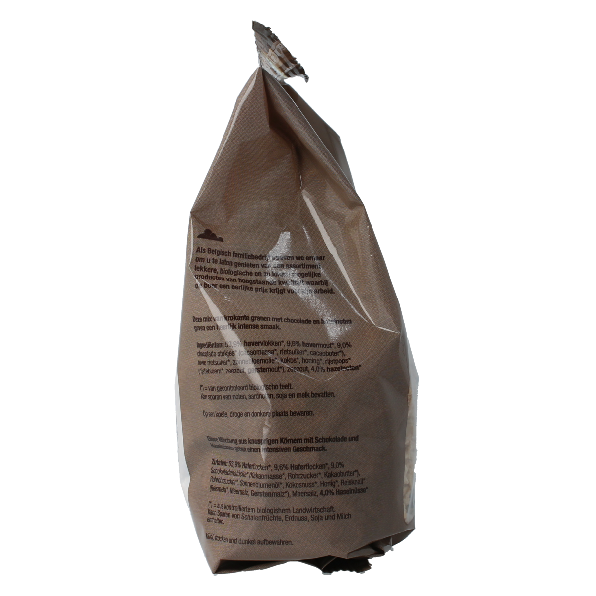 Nutribel bio chocolade granola breakfast cereal in a 300g package with chocolate pieces and crunchy oats, ready for breakfast.