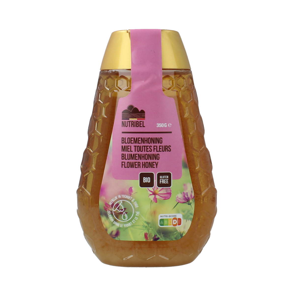 Nutribel Bloemenhoning 350g jar of floral honey with golden color and textured honeycomb surface.