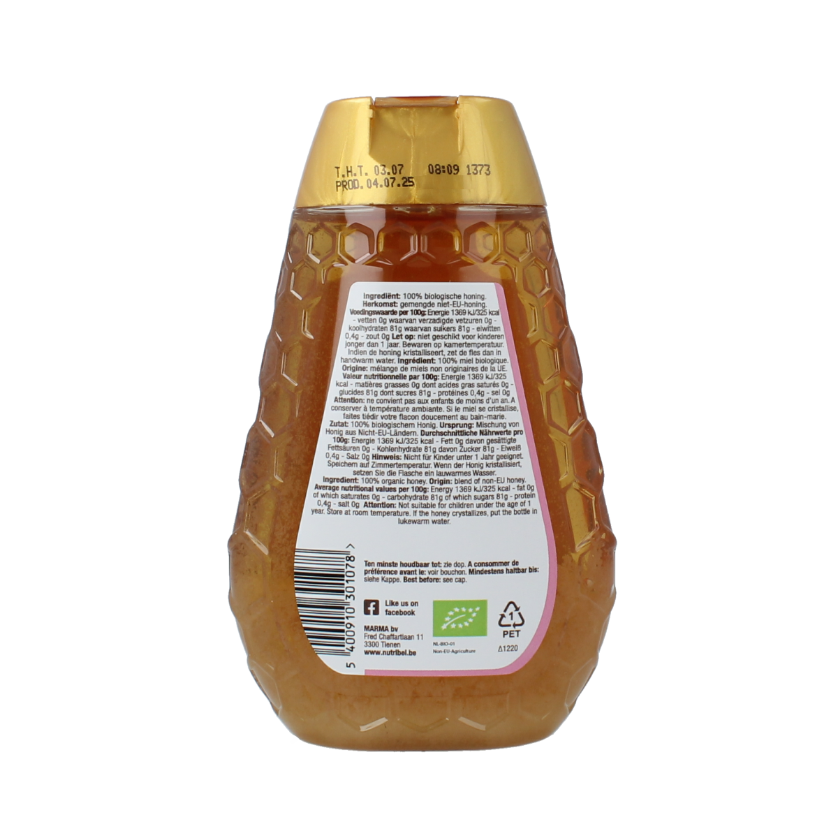 Nutribel Bloemenhoning 350g jar, natural floral honey with a golden color, shown in a clear glass jar on a wooden surface.