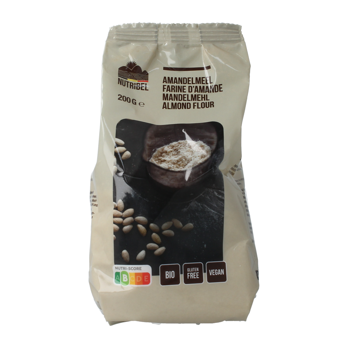 Gluten-free organic almond meal by Nutribel in a 200g package, suitable for baking and gluten-free recipes.