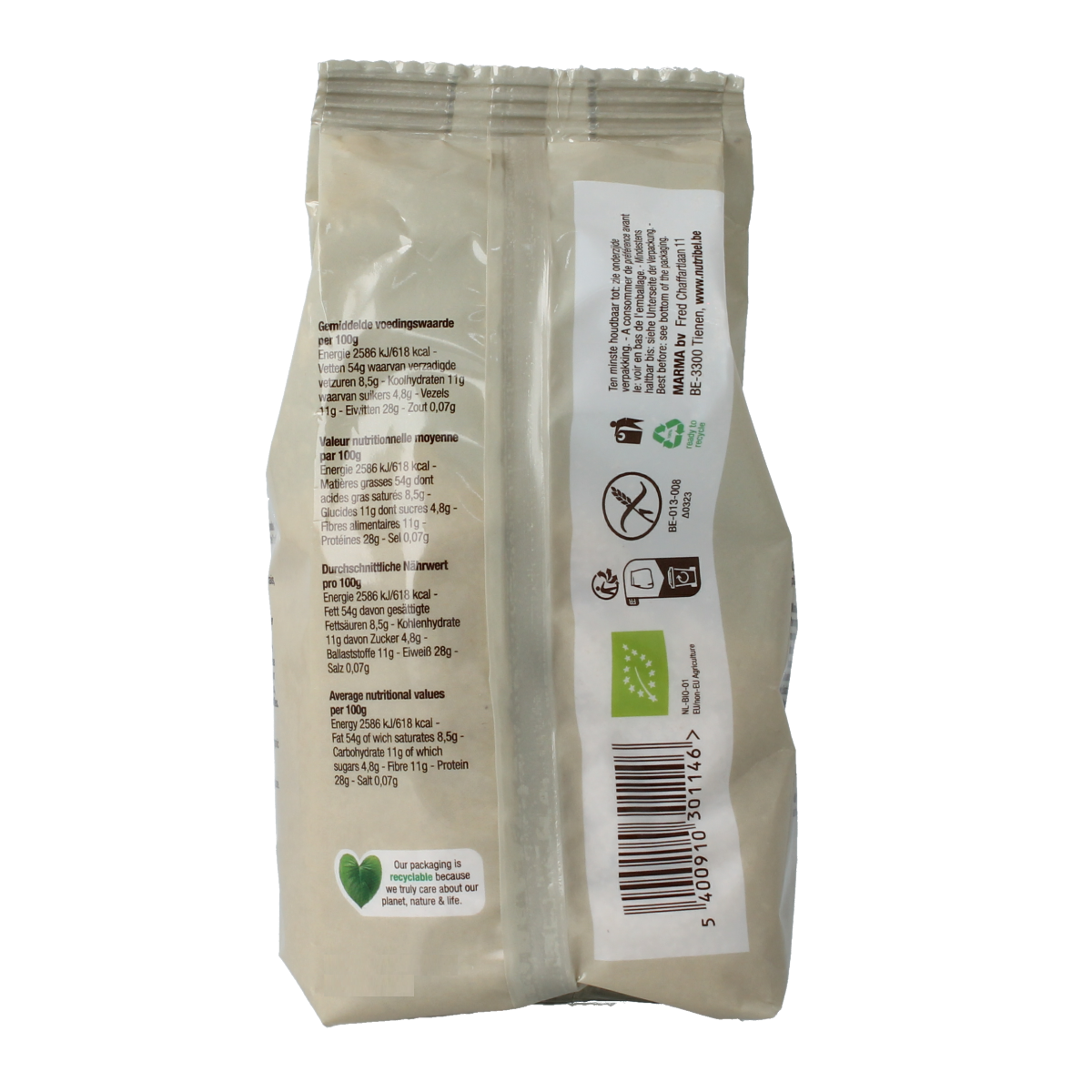 Gluten-free organic almond flour by Nutribel, 200 grams, shown in a clear bag with almond texture visible.