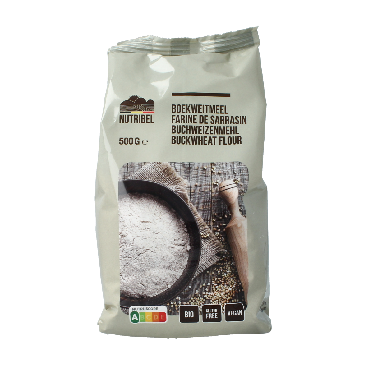 Nutribel gluten-free organic buckwheat flour in a 500g bag, perfect for baking and gluten-free recipes.