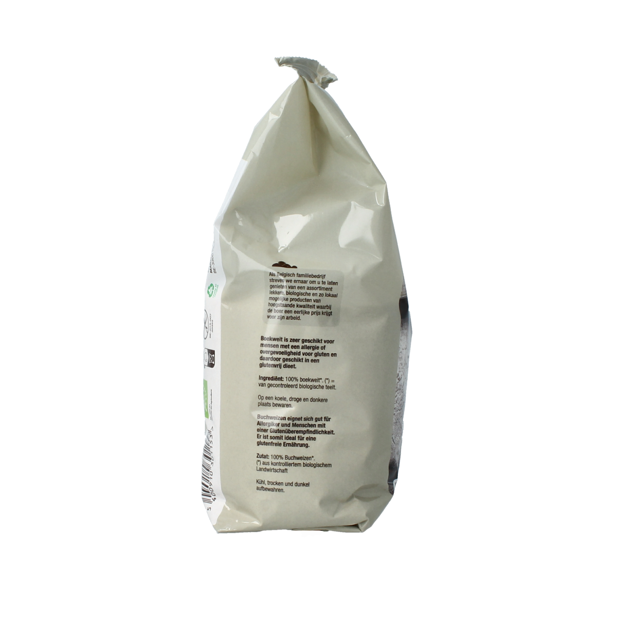 Nutribel organic gluten-free buckwheat flour package, 500 grams, in a resealable bag, suitable for baking and gluten-free recipes.