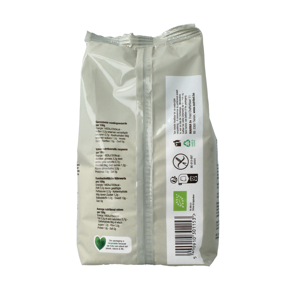 Nutribel glutenvrij boekweitmeel bakmixen en melen, 500g, organic gluten-free buckwheat flour in a bag