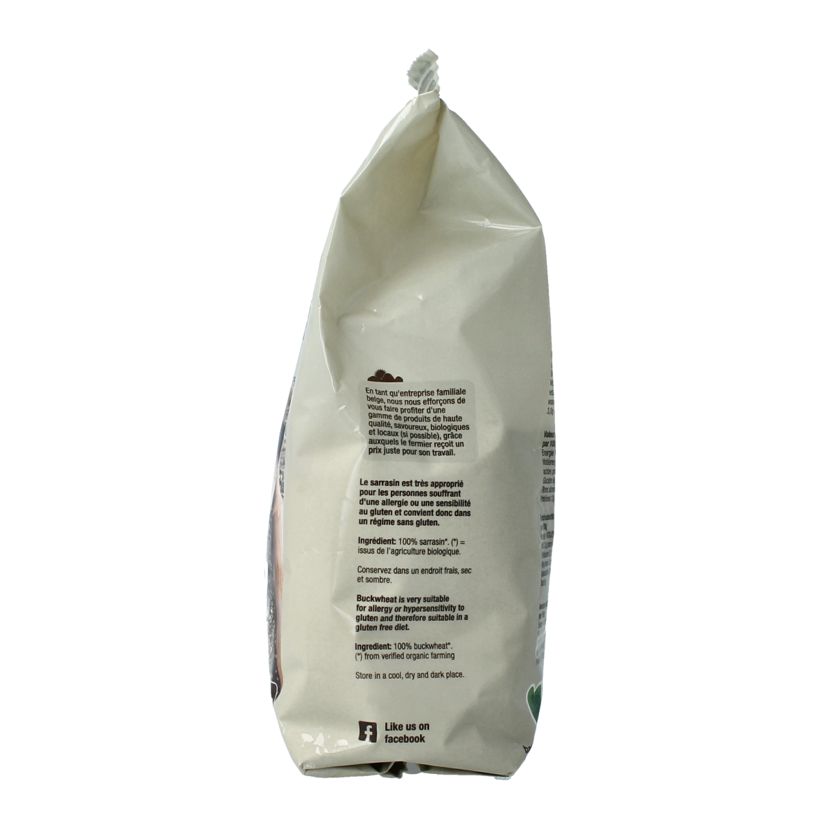 Organic gluten-free buckwheat flour from Nutribel, 500 grams, shown in a clear image of the packaging.