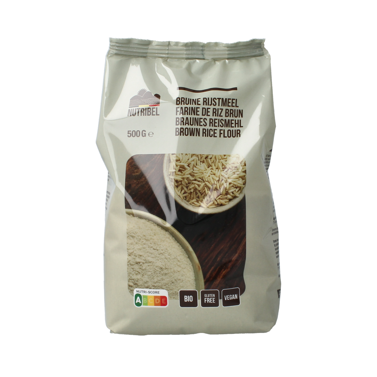 Nutribel bruine rijstmeel glutenvrij bio 500g in een witte verpakking, geschikt voor glutenvrije bakproducten en glutenvrije bakmixen.