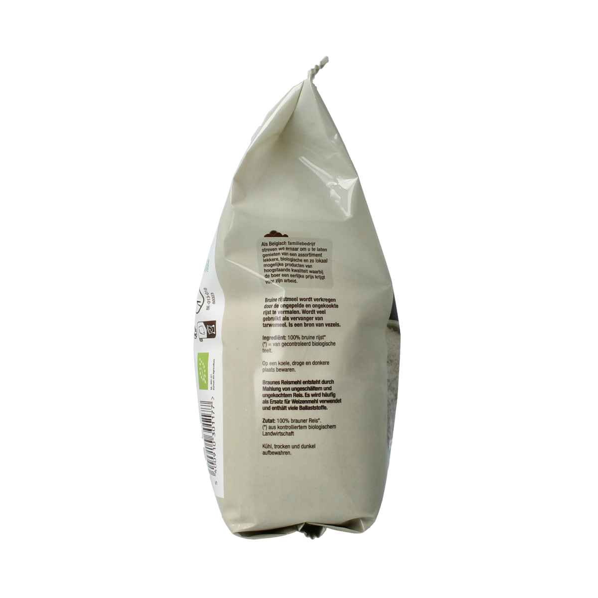 Nutribel bruine rijstmeel glutenvrij bio bakmixen en melen, 500 gram, close-up of the gluten-free organic rice flour package