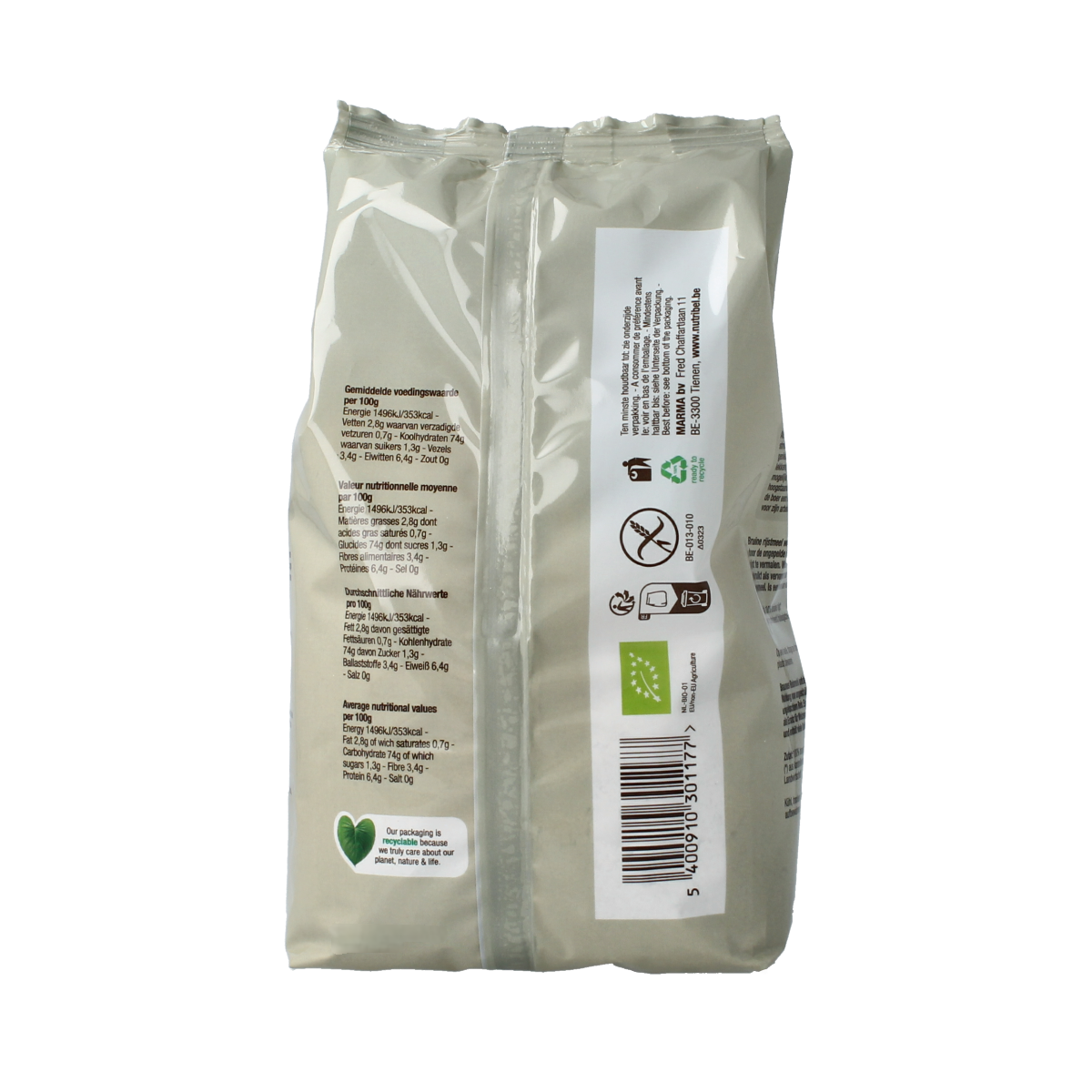 Nutribel gluten-free organic brown rice flour in a 500g package, ideal for baking and gluten-free recipes.